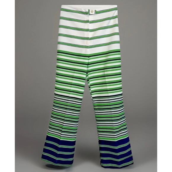VTG Nautical Pants Groovy Stripes White Green Blue - Flared - 24 x 26.5 - Sz XS - Picture 1 of 5